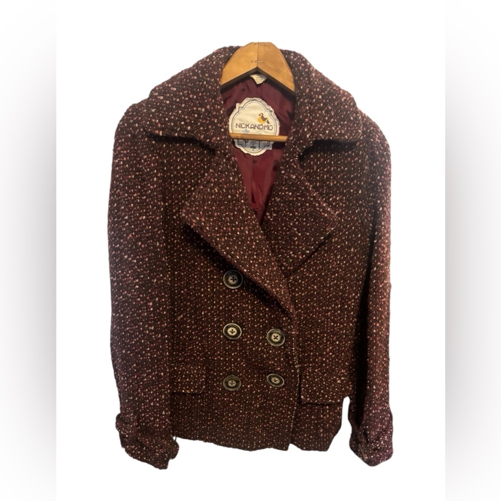 Vintage NICK & MO Women's Double-Breasted Burgundy Tweed Pea Coat | Size S